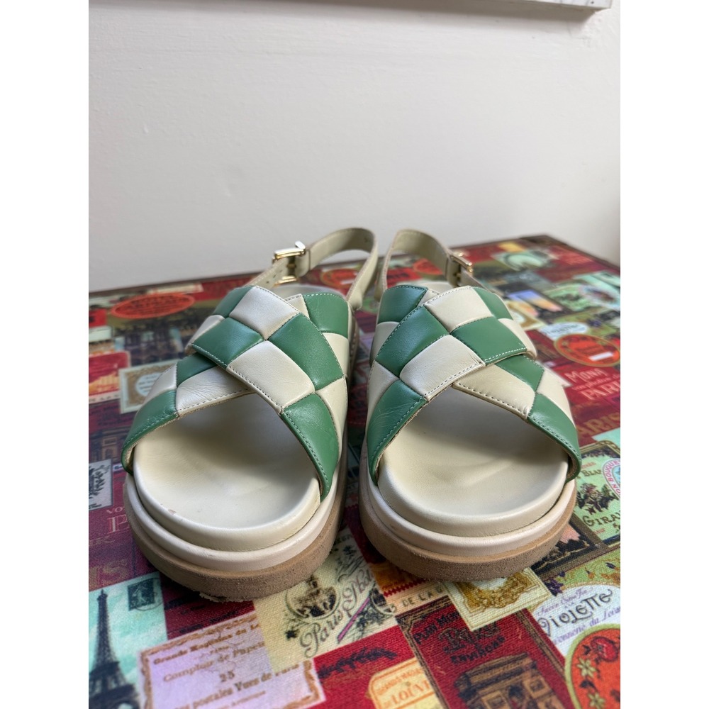 Alohas Green Cream Checkered Weave Platform Slingback Sandals Gold Buckle - Picture 12 of 14